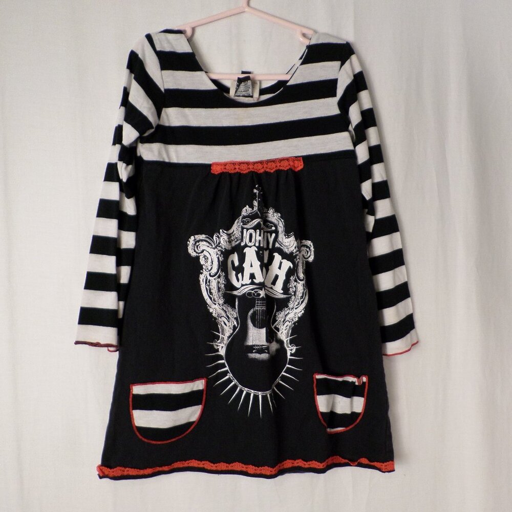 Kaos Recycled Johnny Cash Dress Black/White/Red Stripe Girls Youth Sz 6